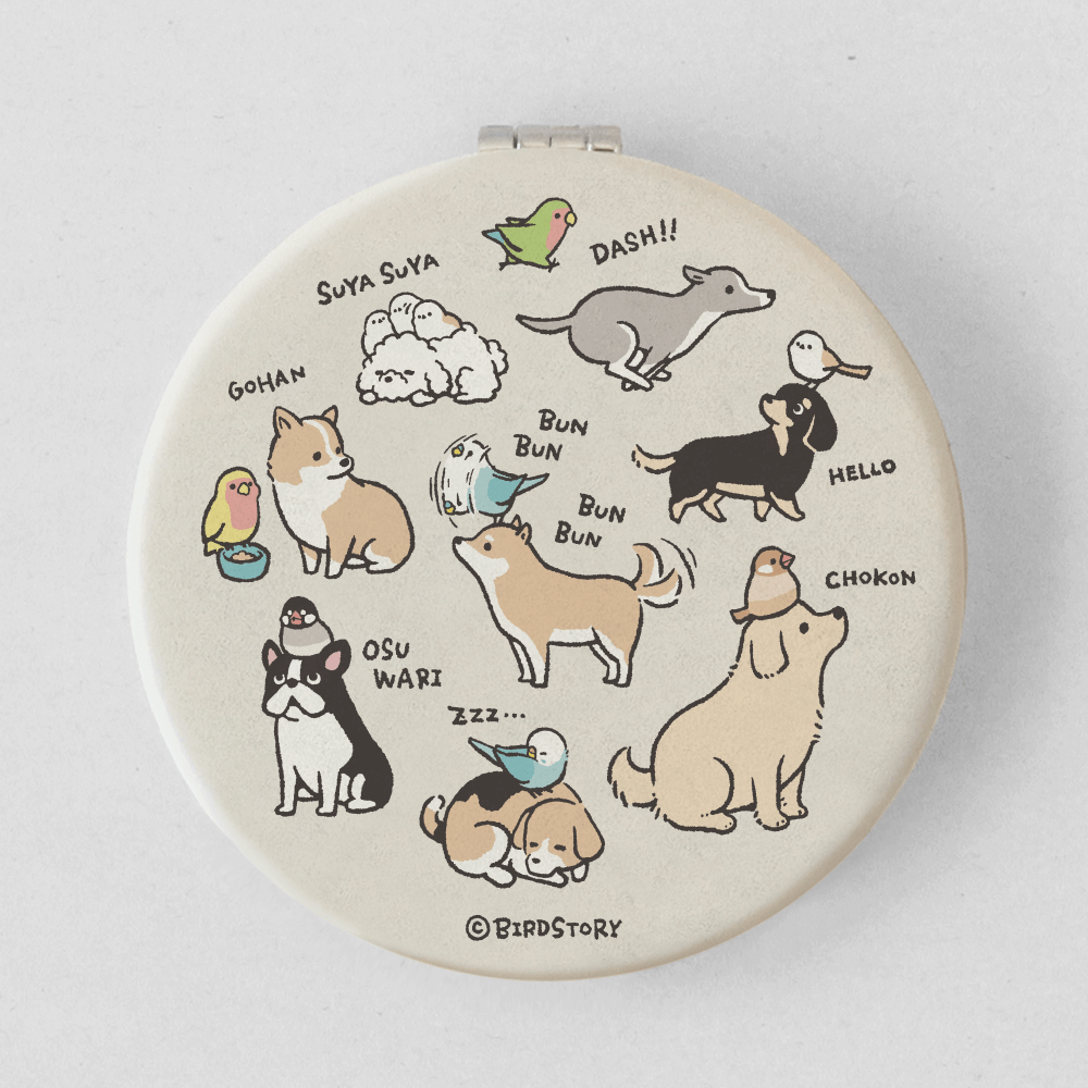 犬と鳥デザイン 手鏡ミラー